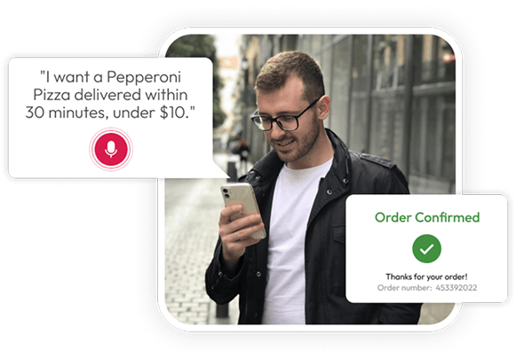 a customer ordering food online using voice command and multi-agent systems processing the request with minimum intervention from the user