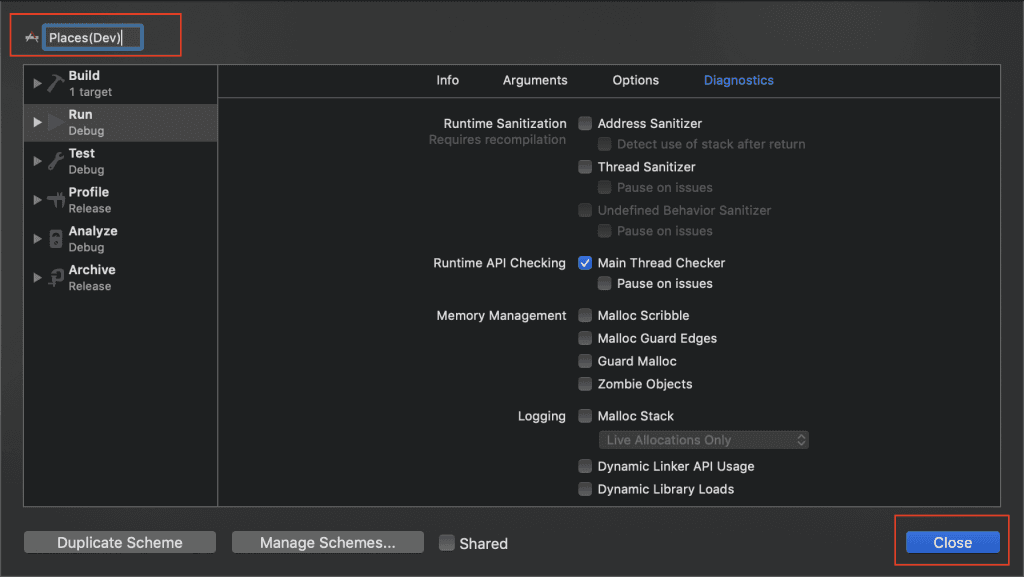 Rename scheme to Places(Dev) and click Close button Rename scheme to Places(Dev) and click Close button