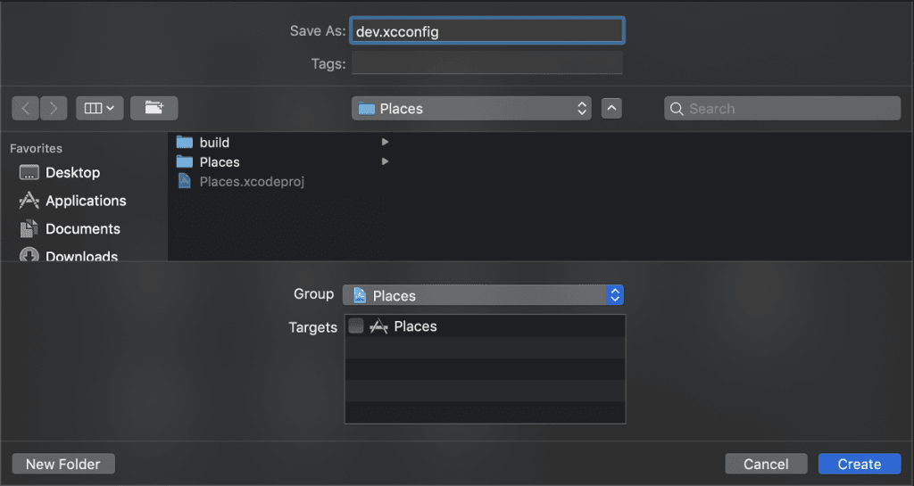 Name it dev.xcconfig. Leave Targets checkbox as is. Click on Create. Name it dev.xcconfig. Leave Targets checkbox as is. Click on Create.